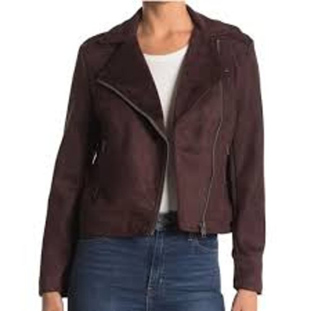 Philosophy - Faux Leather Suede Cropped Motorcycle Style Jacket-Brown-Women's XS - Picture 1 of 6